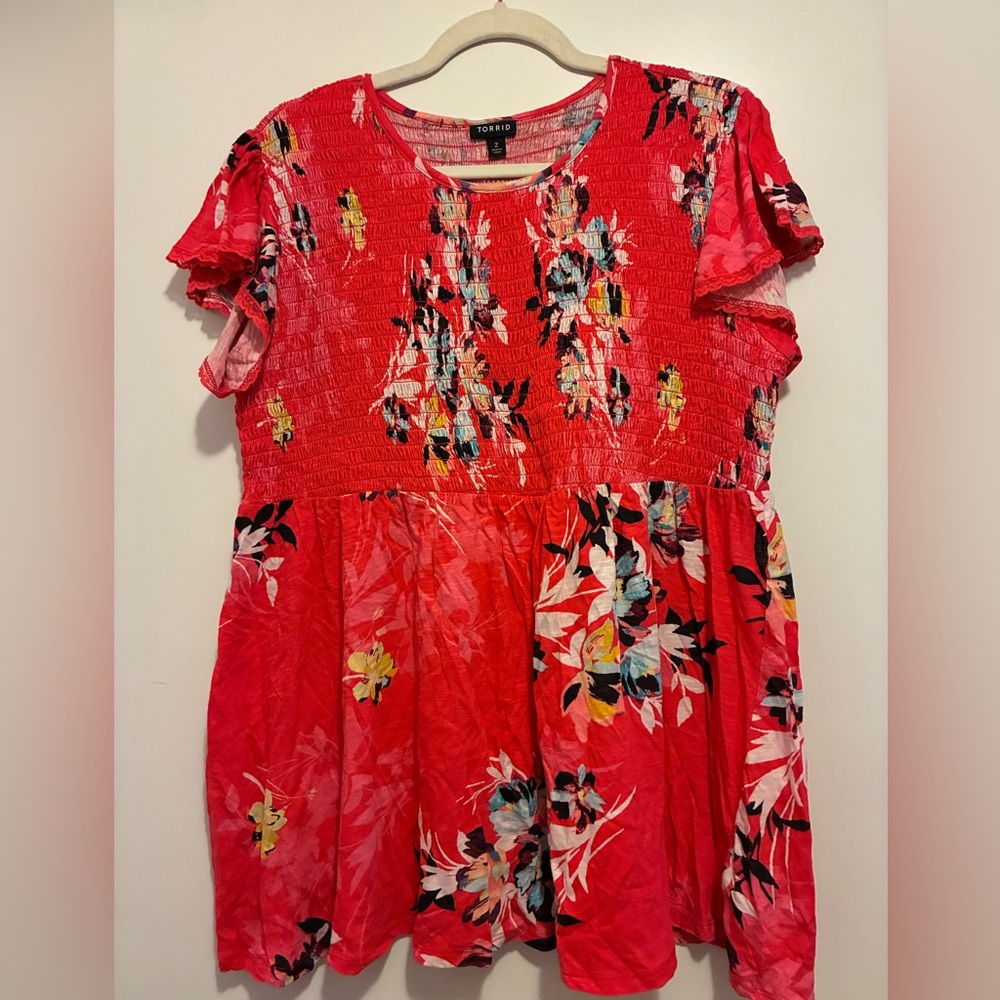 torrid Coral Red Floral Smocked Babydoll Tunic